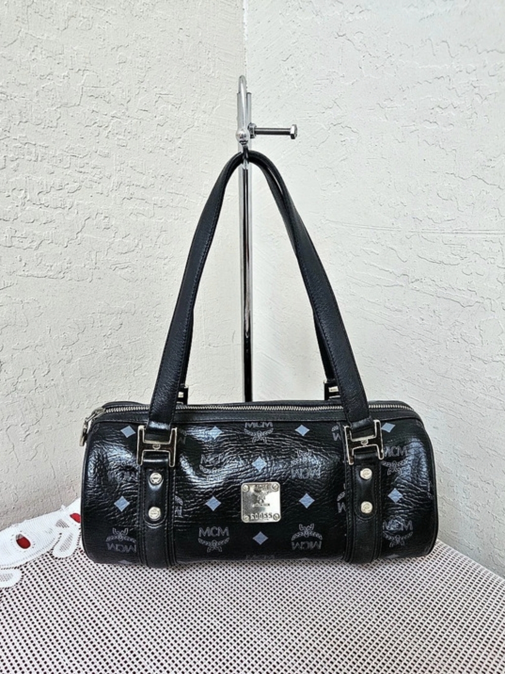 MCM Black Monogram Papillon Barrel Handbag Satchel Authentic